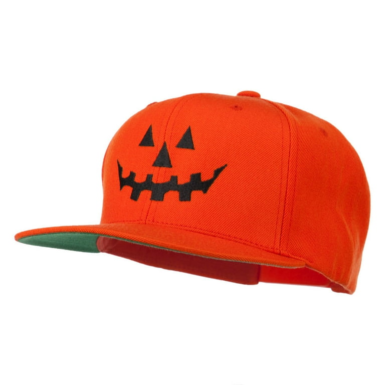 Halloween Pumpkin Face Embroidered Snapback Cap - Adjustable, Black & Orange, One Size Fits Most