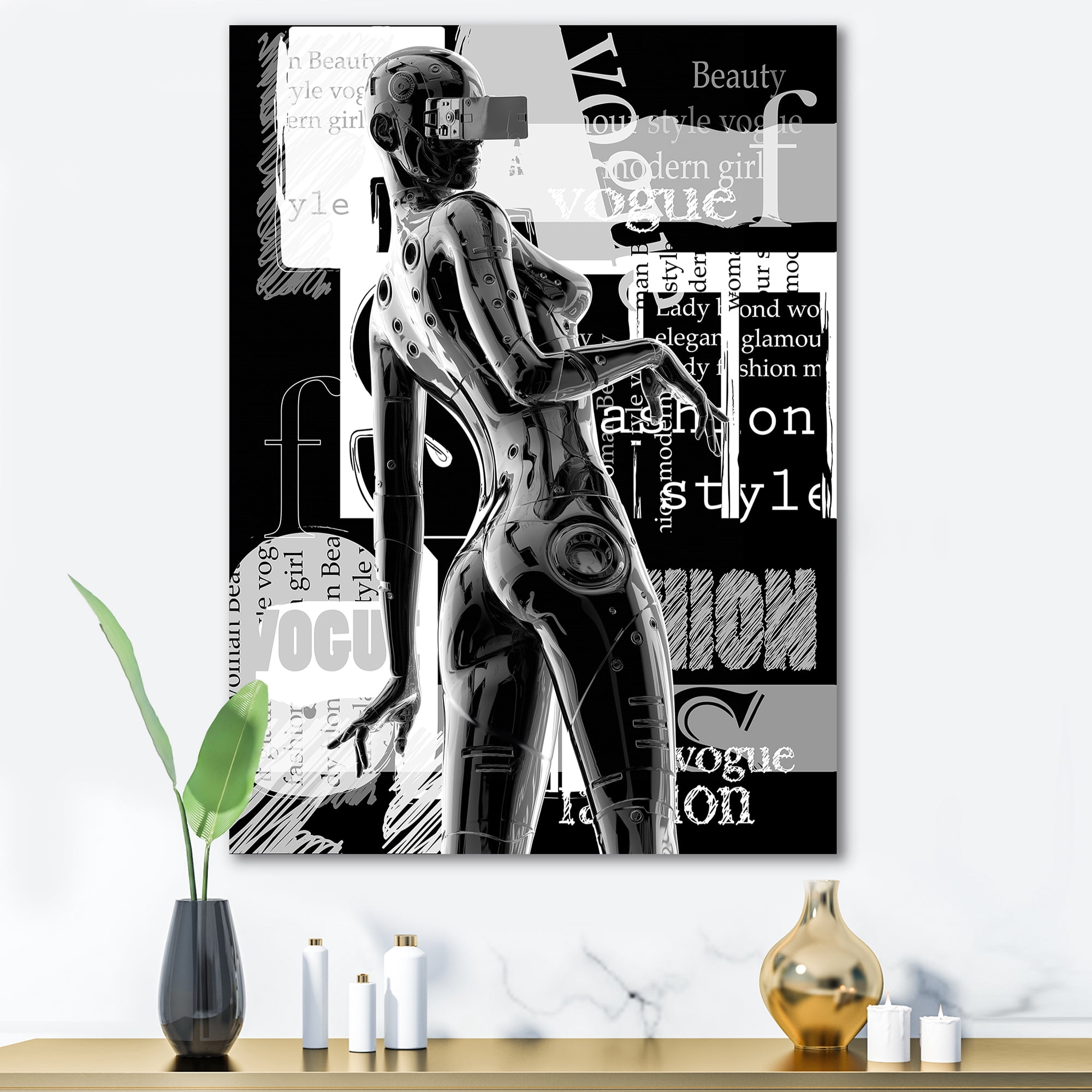 Designart ' Black and White Cyborg Body I ' Modern Canvas Wall Art Print