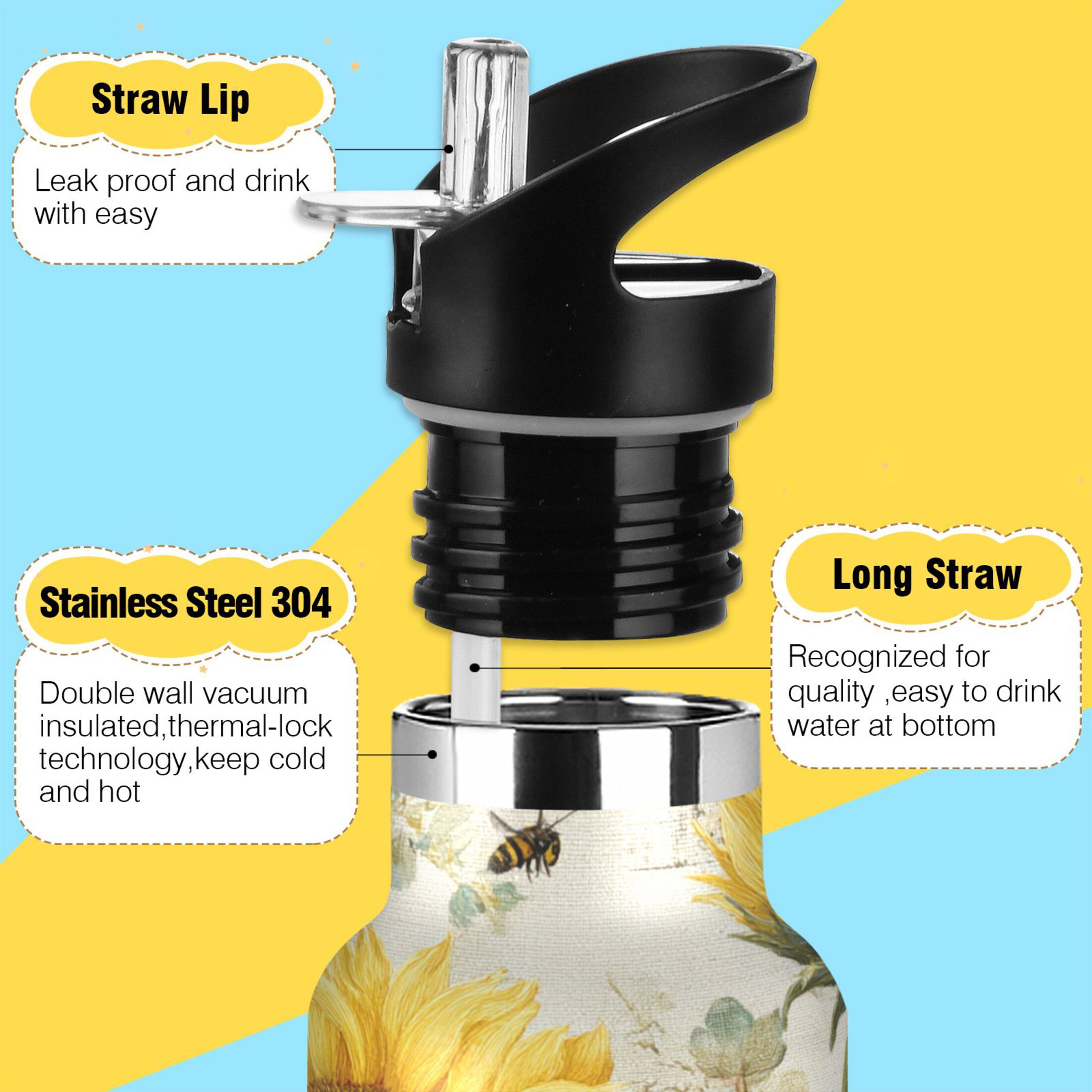 Kids Insulated Stainless Steel Sports Water Bottle 600ml (20oz) Sunflower and Bee Pattern