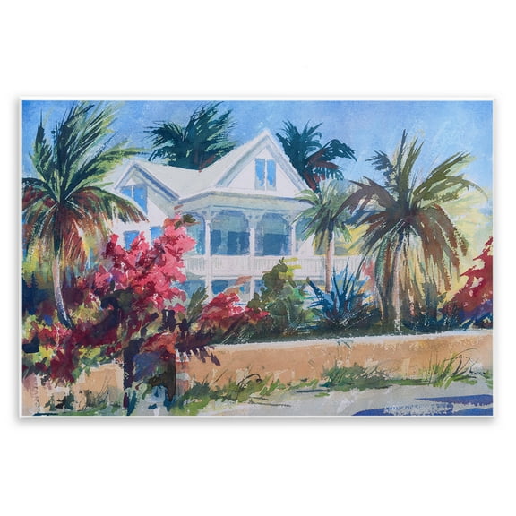 Stupell Industries Palm Tree Cottage Landscape Painting Unframed Art Print Wall Art, 15 x 10
