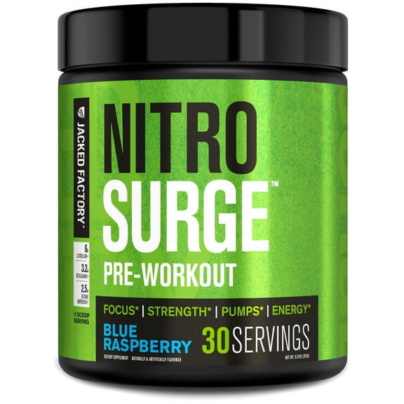 Jacked Factory NITROSURGE Pre Workout Supplement - Energy Booster, Instant Strength Gains, Clear Focus, & Intense Pumps - NO Booster & Powerful Preworkout Energy Powder - 30 Servings, Blue Raspberry
