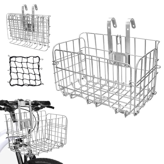 Semfri Folding Bicycle Front Basket Rustproof Removable Metal, Mesh Cover, Easy to Attach to Front Handlebars, Fits Most Bikes (Silver)