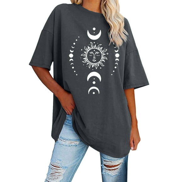 Womens T Shirts Shoulder Sleeve Short Sleeved Sun Moon Printed Round Neck Short Sleeved Waist Oversized Tshirts Grey M