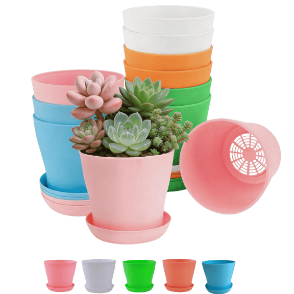 20-Pack4 Inch Plastic Plant Pots with Saucers, Colorful Flower Nursery Pots with Drainage Holes and Trays, Indoor Planters for Succulents, Herbs, and Flowers, 5 Assorted Colors