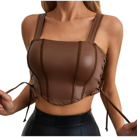 Jinhomg Women PU Leather Corset Crop Top Spaghetti Strap Bustier Cami Tops Side Lace-Up Camisole Party Clubwear Lightening Deals Coffee L