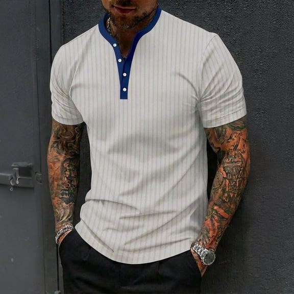 Gamivast Mens Shirts Casual Stylish Vertical Striped Texture V-Neck Short Sleeve Henley Shirts Soft T Shirts Contrast Placket Design Muscle Fit Daily