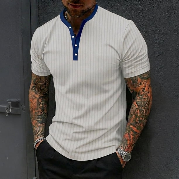 Ceisia Men's Relaxed Fit Stretch Stand-Up Collar Short Sleeve Shirt - Ribbed Texture with Contrast Trim Gray XXXL Gifts