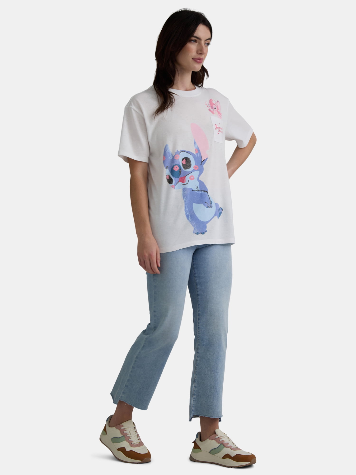 Valentine’s Day Women’s Stitch and Angel Kisses Graphic Pocket Tee, Sizes XXS-XXL