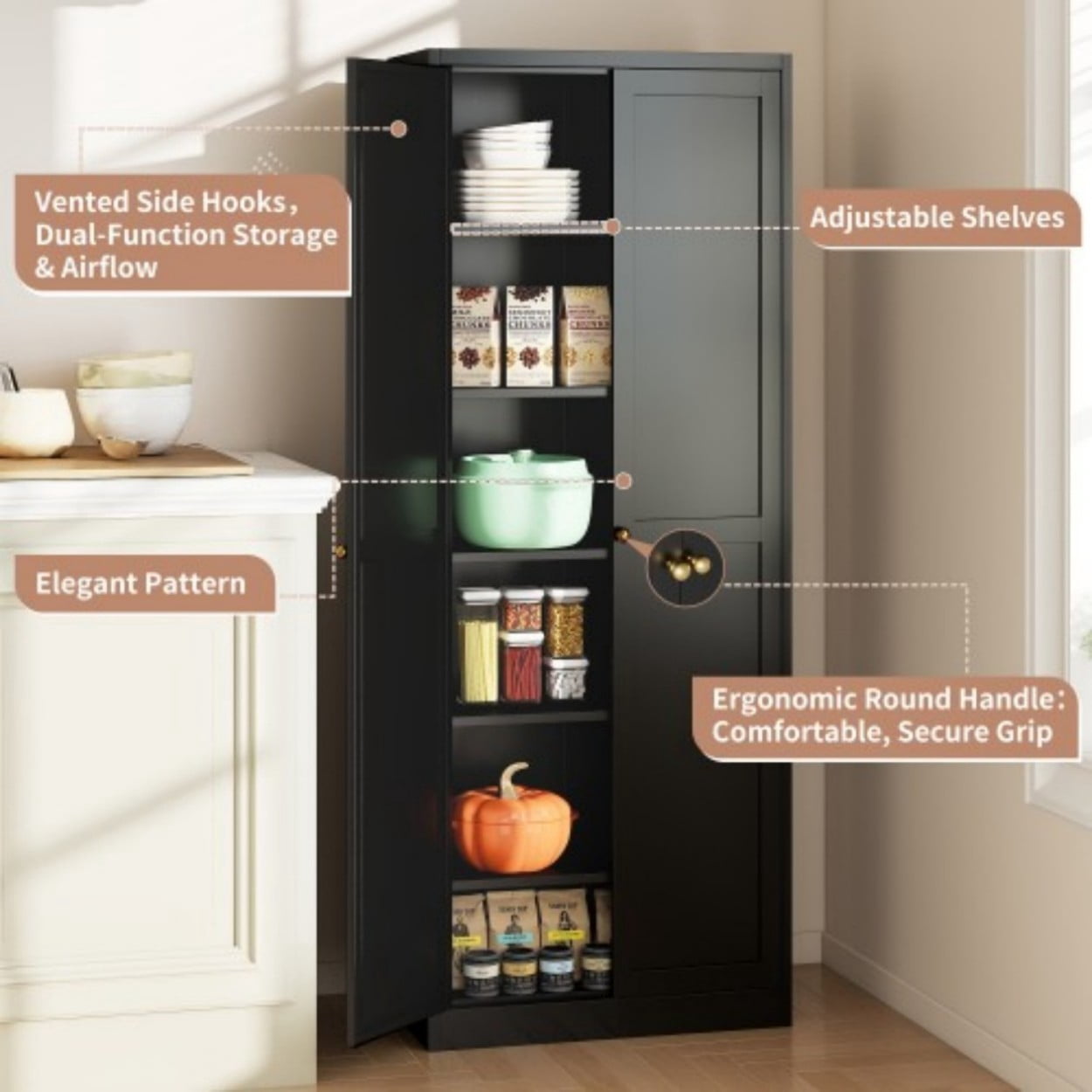 72" White Metal Kitchen Pantry Cabinet with Doors, Heavy Duty Freestanding Storage Organizer, 5 Adjustable Shelves, Tool-Free Assembly Cabinet for Kitchen Bathroom Pantry, Black