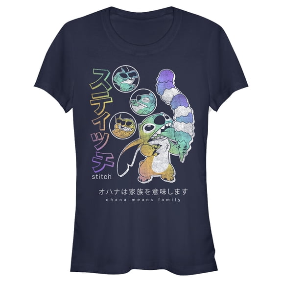 Junior's Lilo & Stitch Ohana Means Family Rainbow Distressed Graphic Tee Navy Blue Small