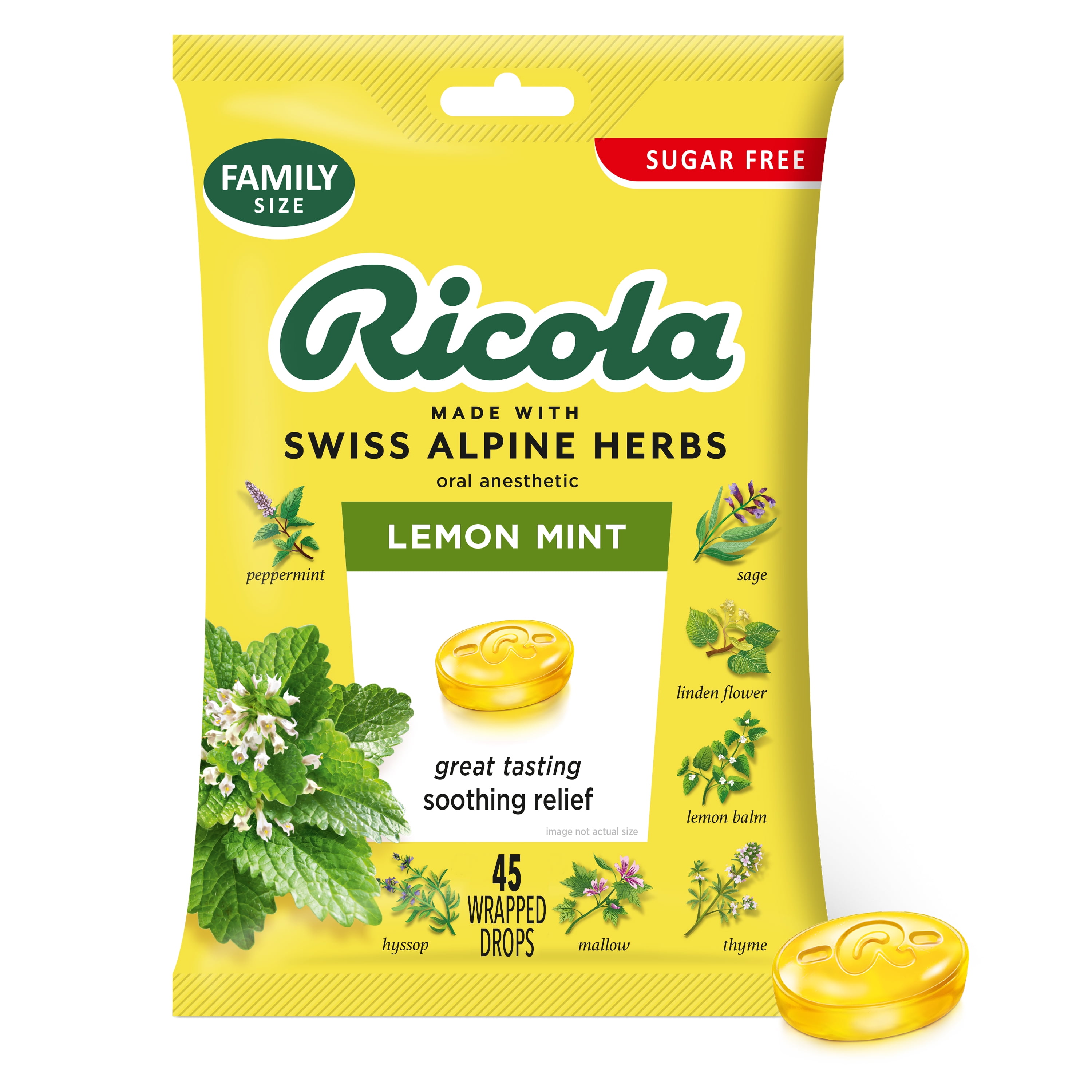Ricola Sugar Free Lemon Mint Throat Drops, Natural Cough Drops, 45 Count
