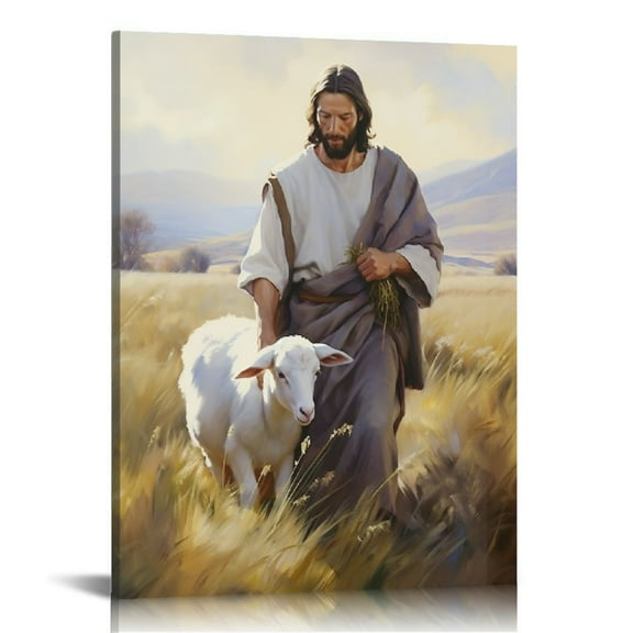 Lingy Framed Jesus and Lamb Canvas Wall Art Jesus Christ The Good Shepherd Picture Prints God Faith Poster Artwork Christian Home Bedroom Decoration