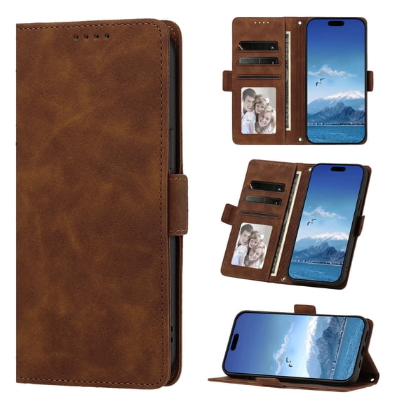 Phone Case for iPhone 17, Shockproof PU Leather Case with Card Slots Kickstand Magnetic Flip Wallet Protective Cover, Brown