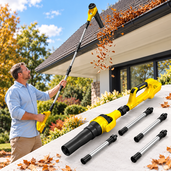 Wan Zuan 2 in 1 Pole Leaf Blower Cordless for DeWalt 20V Battery(Tool Only) | 580 CFM / 180 MPH ,26000RPM, Brushless Motor,55" Extension Kit,3 Speeds,270° Adjustable Nozzle,No-Ladder Gutter Cleaner