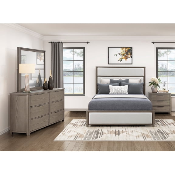 4-Pc Bedroom Set Queen Size Upholstered Bed Dresser Mirror Nightstand Light Gray