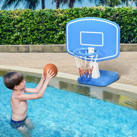 Wubio Pool Basketball Hoop Poolside with Ball, Pump, Blue 35.5" L x 33.25" W x 39.25" H