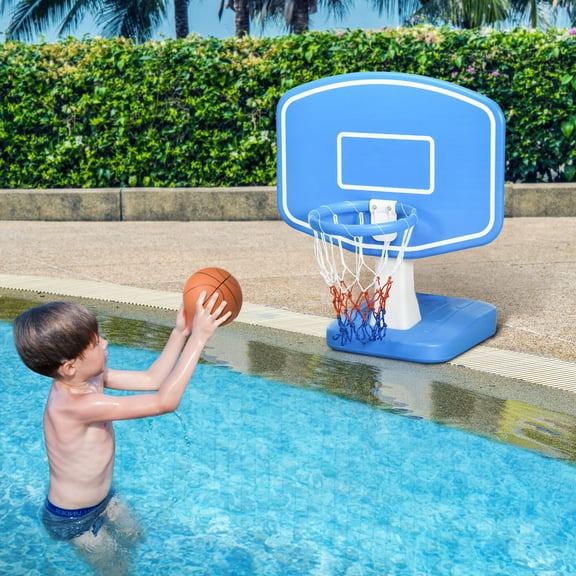 Wubio Pool Basketball Hoop Poolside with Ball, Pump, Blue 35.5" L x 33.25" W x 39.25" H