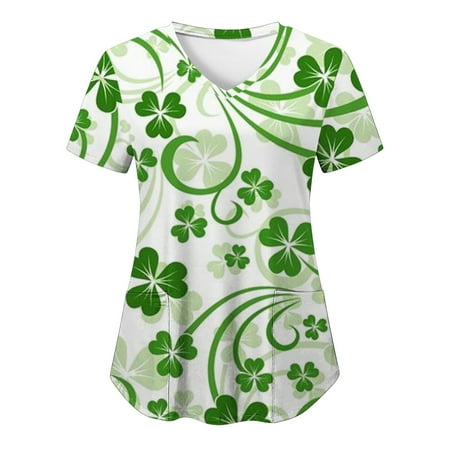 

Women Scrubs Top Nurses Clothing Workwear Working Uniform T-Shirt Top Casual Leaf Printed Short Sleeve Leisure Pocket Loose Caring V-Neck Workwear