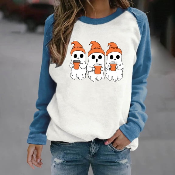 LYEAA Plus Size Sweatshirts for Women Halloween Ghost Print T Shirt Spooky Season Long Sleeve Crewneck Tops Fall Tee Shirts Blue 2XL