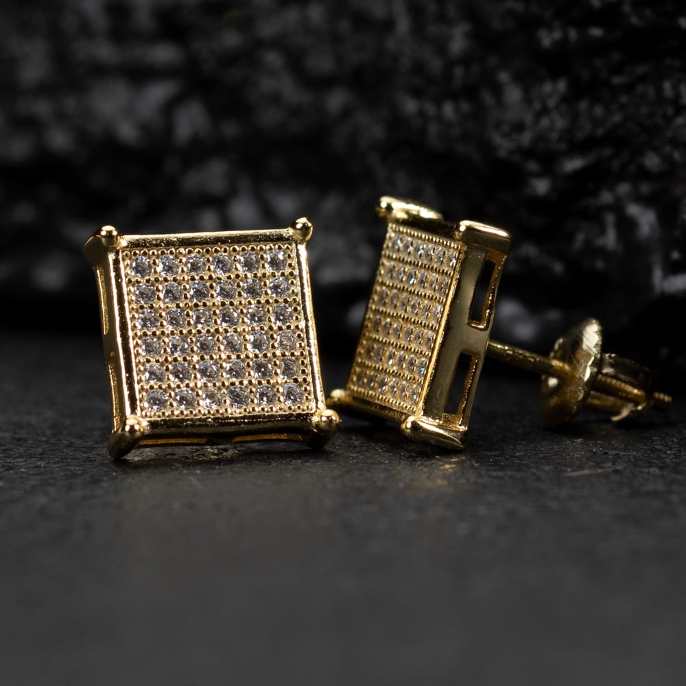 Square Flat Screen Micro Pave Hip Hop 10mm Yellow Gold 925 Sterling Silver Men's Screw Back Stud Earrings