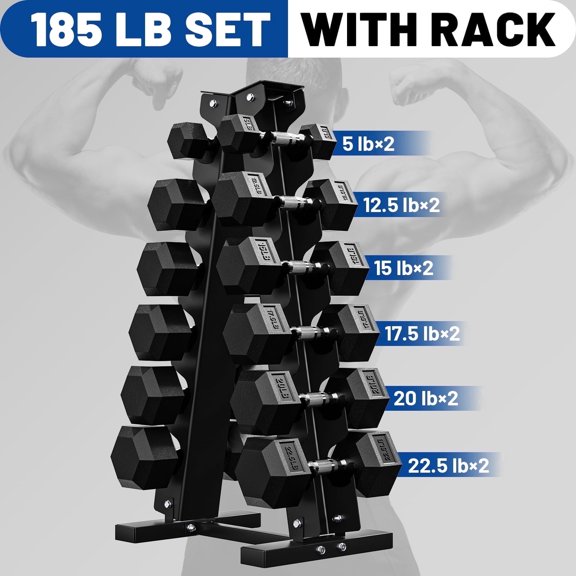 185 lb Dumbbell Set with Rack, Rubber Encased Hex Free Weights for Home Gym Strength Training