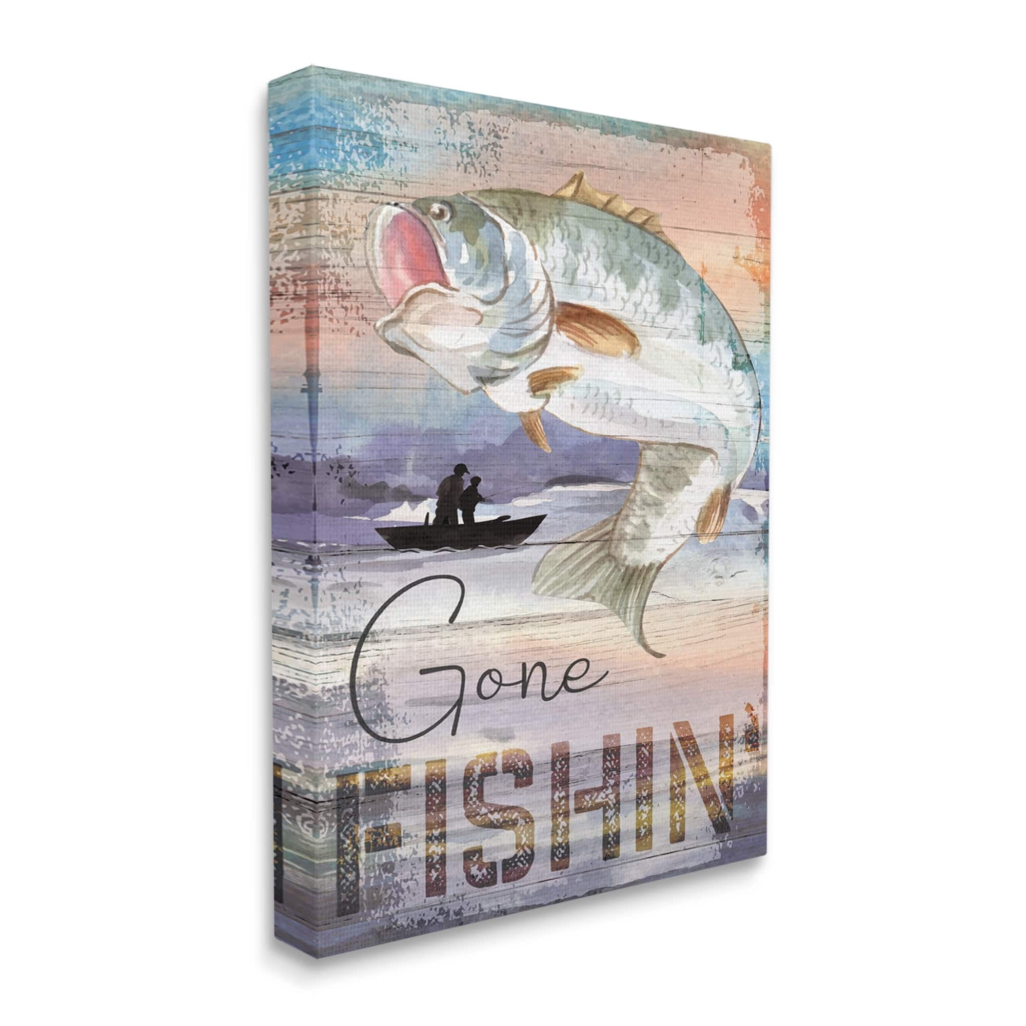 Stupell Gone Fishin' Bass Angler Marine Life Landscape Painting Gallery Wrapped Canvas Print Wall Art