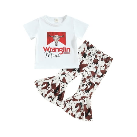 

Western Baby Girl Clothes Letters Print Short Sleeve T-Shirt Tops Cow Print Flared Pants Set Bell Bottom Outfit