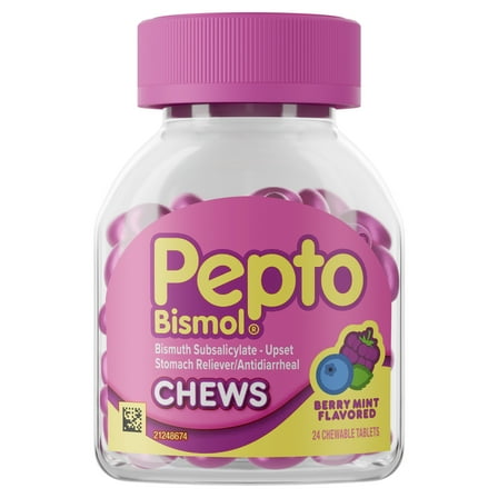 Pepto Bismol Chews, Chewable Indigestion and Anti-Diarrhea Stomach Relief, Berry Mint, 24 Count