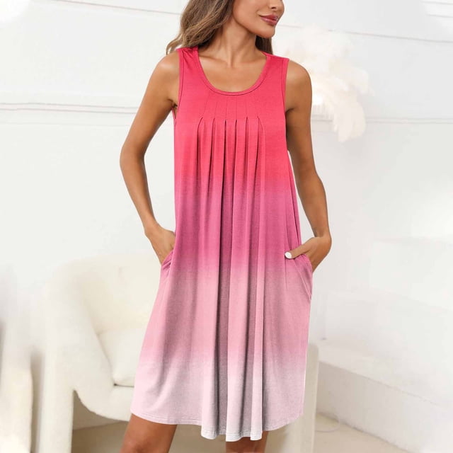 mfyjkho Vestidos para mujer, Camisón sin mangas con bolsillos y estampado para mujer, camisón plisado con cuello redondo Vestidos festivos para mujer l