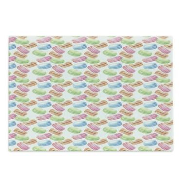 Dessert Cutting Board, Pastel Macaron Watercolor Pattern Pistachio Raspberry Pumpkin Cinnamon Blackberry, Decorative Tempered Glass Cutting and Serving Board, Large Size, Multicolor, by Ambesonne