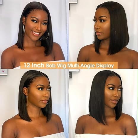 TTOhair 13x4 HD Frontal Lace, Glueless Lace Front, Pre-Plucked Short Straight Human Hair Wig, Black, 1