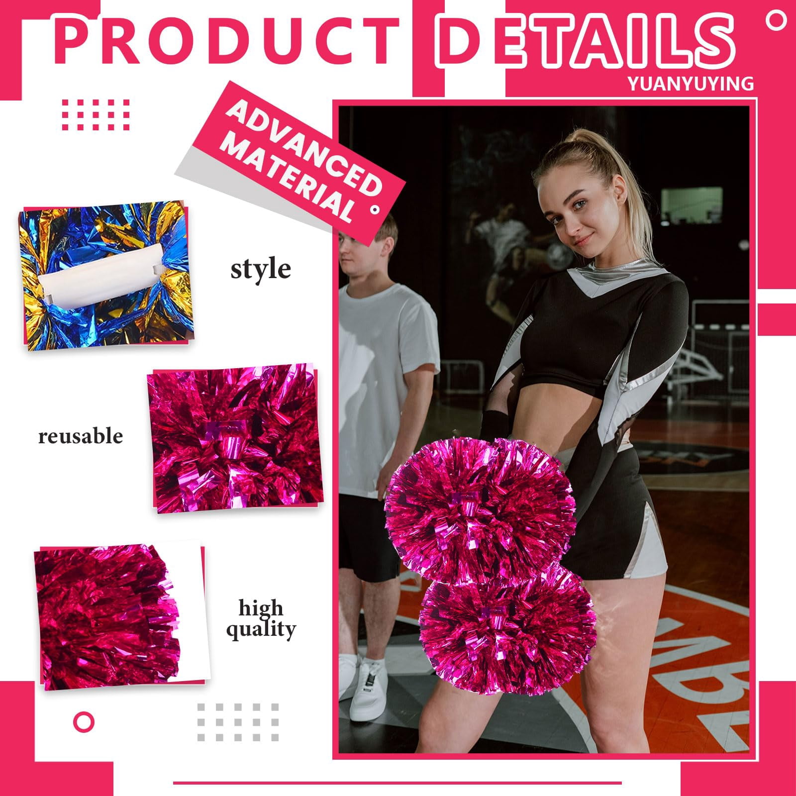 Pom Poms Cheer 8 Pcs with Handle, Cheerleading Handheld Squad Pompoms for Sports Team Spirit Games Dance Party Adults