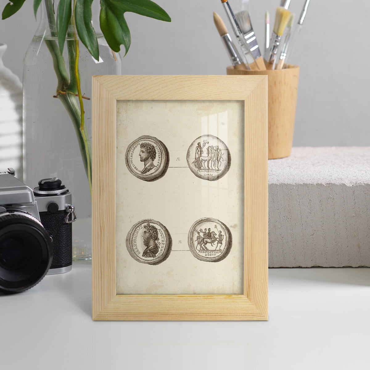 Antique Roman Coins VI -Framed Print w/glass-Natural Wood