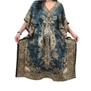 Mogul Womens Caftan Blue Printed Beach Cover Up Kimono Style Kaftan Dress