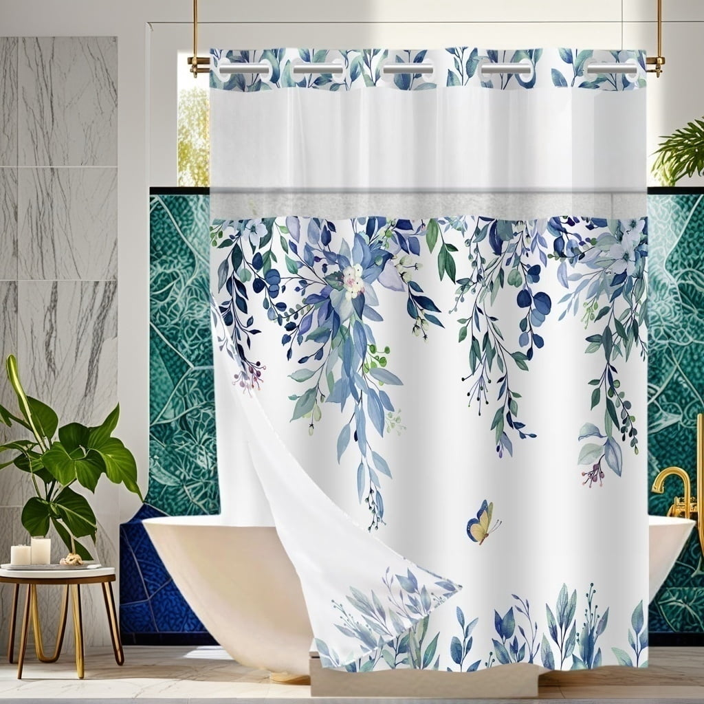NIUBIER No Hook Shower Curtain with Snap in Liner Set, Blue Eucalyptus Leaf Butterfly Bath Curtain with Botanical Plant for Bathroom, 71"x74"