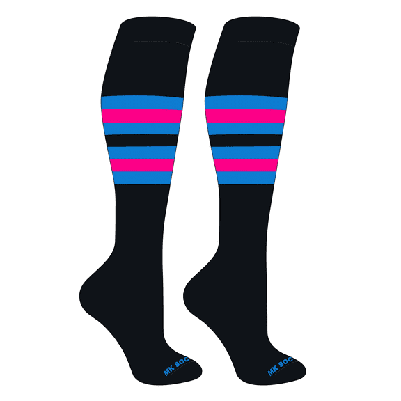 MK Socks Striped OTC Baseball, Softball, Football Socks (F) Black, Neon Blue, Hot Pink (S)