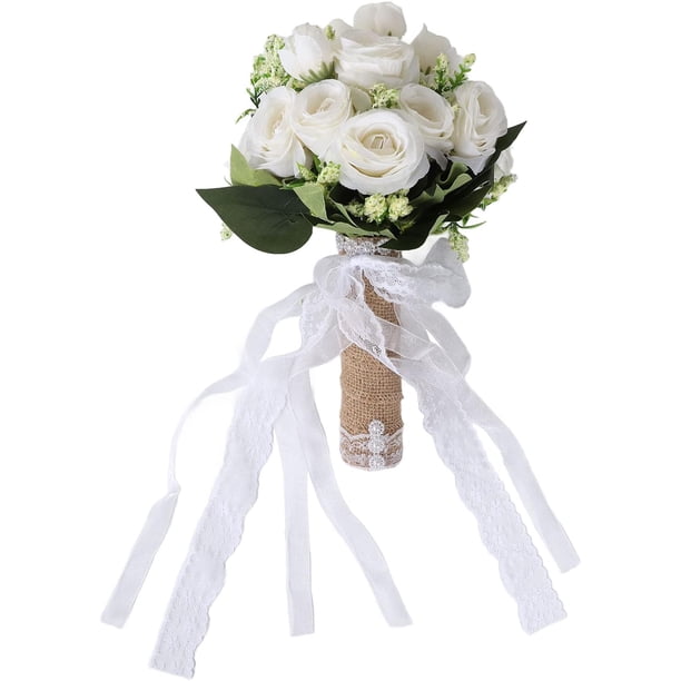 Ramo de Novia con Flores Artificiales Realistas Portátiles para la Fiesta Vintage para la Boda (Blanco lechoso)