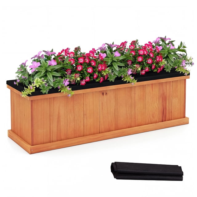 Costway 1 PCS Wood Raised Garden Bed with Drainage Holes & Liner for Flowers Vegetables Herbs