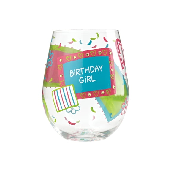 Enesco Lolita Stemless Birthday Girl Hand Painted Stemless Wine Glass 4.5in H
