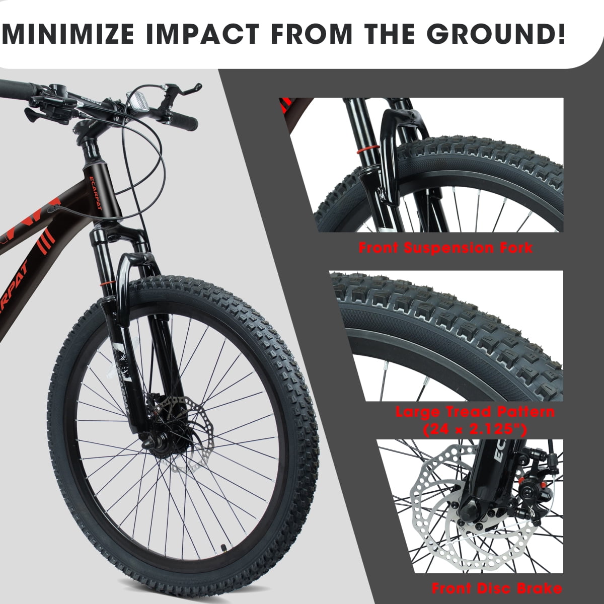 LuckyNote 24 Inch 21 Speed Mountain Bike, Adult Mountain Bicycle with Front Suspension Dual Disc Brakes Steel Frame Non-Slip Tires for Men Women Outdoor Cycling, Black and Red
