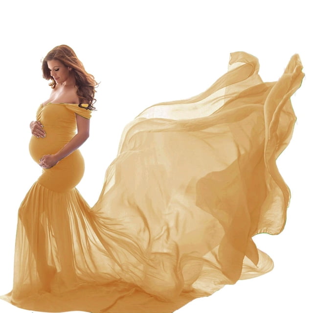 WTXUE Robes de Maternité, Accessoires pour Femmes Enceintes Épaules Dénudées Sans Manches Robe de Maternité Unie Encolure Ronde Robes pour Femme Manches Longues Jaune