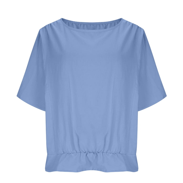Round Neck Dolman Sleeve Elastic Waist Cotton Linen Casual Top for