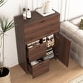 thumbnail image 4 of Hassch Farmhouse Desk Cabinet w/ with Drop-Leaf Tabletop, 2 Drawers and Open Shelves, Bar Liquor Cabinet with Fold-out Work Surface for Home, Office, Dormitory, Small Spaces (Walnut), 4 of 10