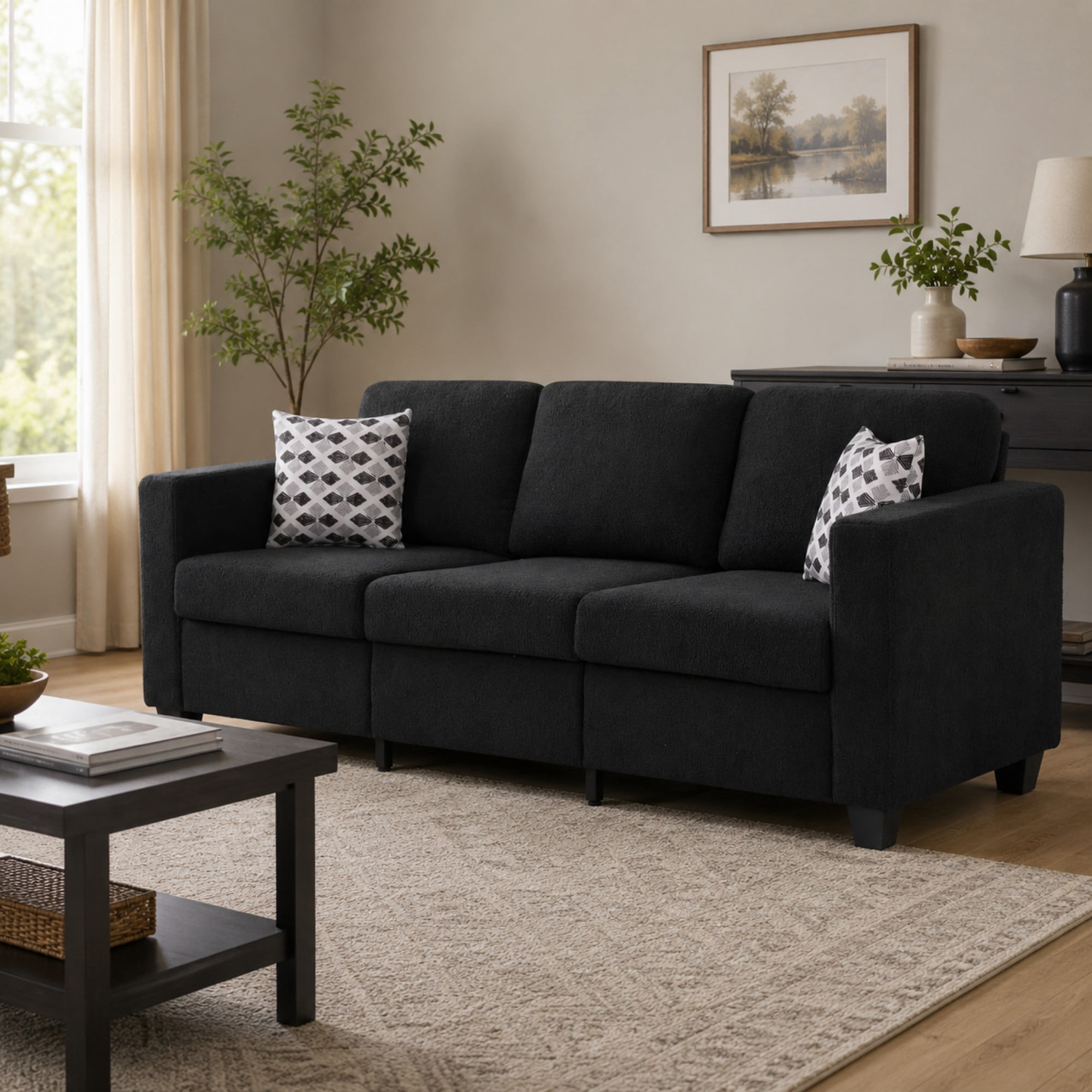BSHTI 86.6" Teddy Fabric Sofa with 2 Pillows, Extra-Wide Deep Seat, Solid Wood Iron Frame, Removable Covers for Living Room(Black)
