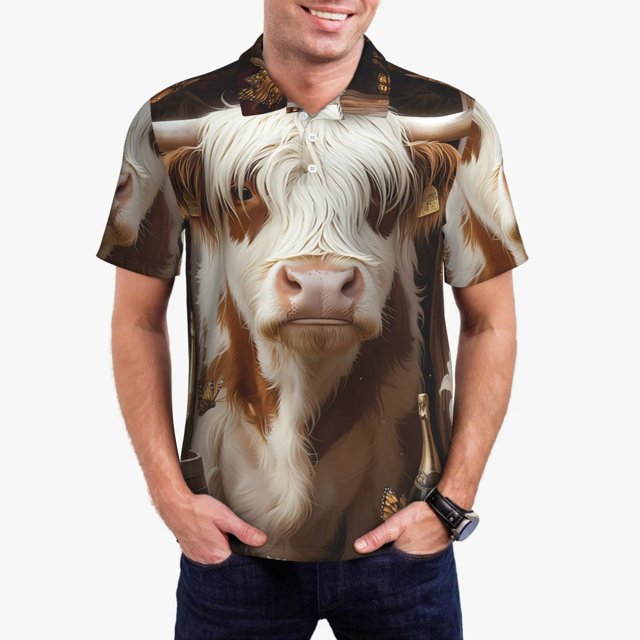 Balery Cow With Butterflies Camisa Polo de Hombre con Estampado, de Manga Corta y Tejido Medio, Camisa Tipo Golf Polo-3X-Large