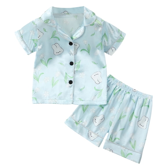 Odeerbi 1-8 Años Niñas Pijama de Verano de Satén Con Solapa de Muesca Camisas de Manga Corta Pantalones Conjunto de Pijama de Dos Piezas