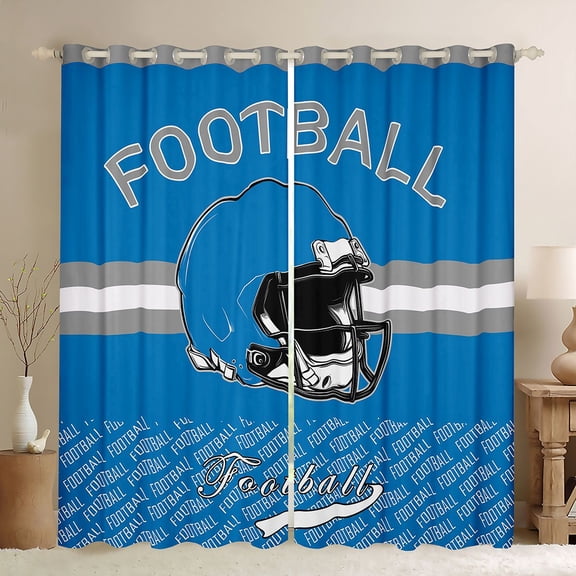 Homewish Kids Rugby Helmet Black Out Curtains,Football Sport Curtains Pack of 2 (42x63 Each),Blue White Bedroom Curtains For Teens,Ultra Soft Home Decor