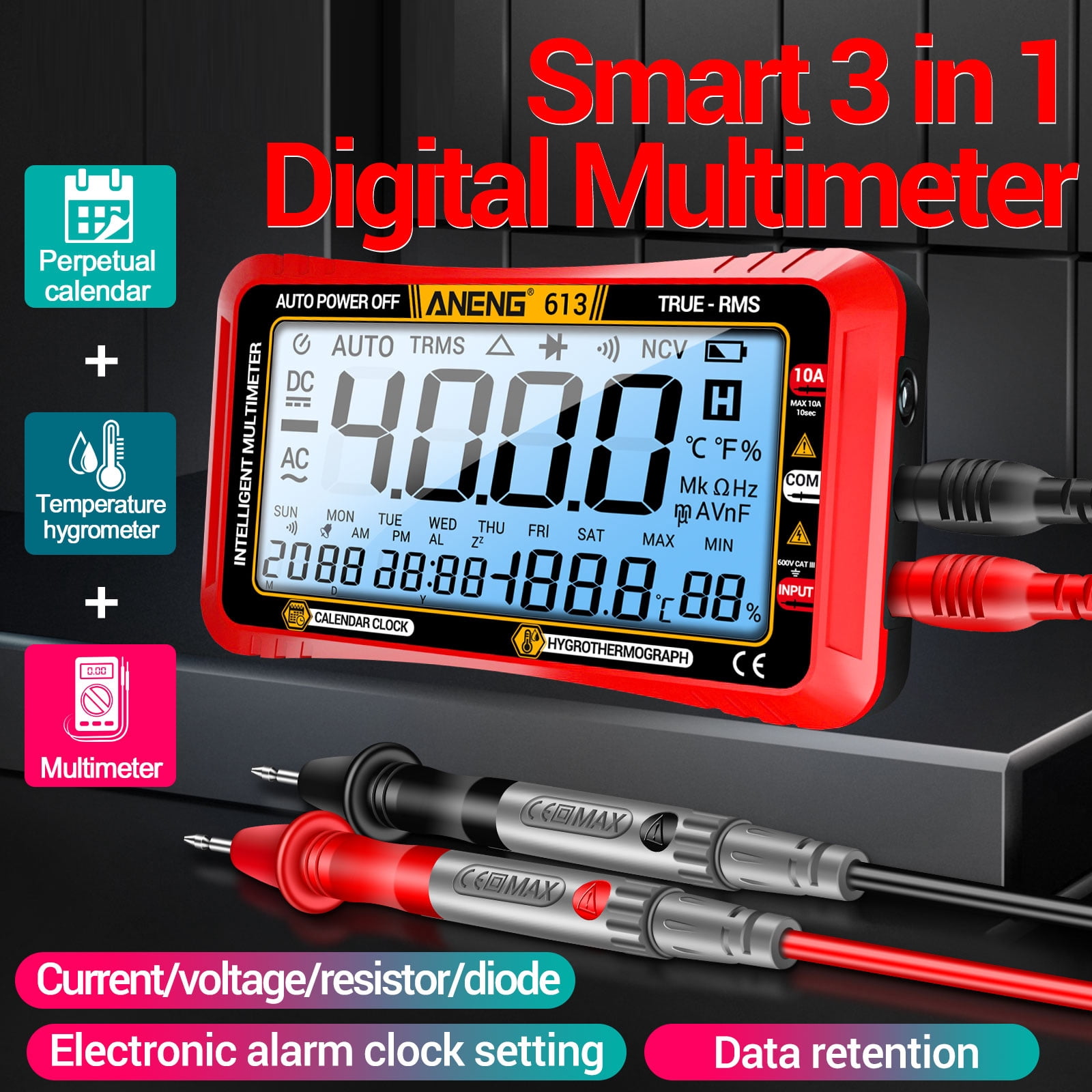 3 in 1 Smart Multimeter Perpetual Calendar Temperature Hygrometer 4000 Counts Digital AC/DC Curent Voltage Resistance Capacitor Tester Professional Test Tools