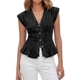 thumbnail image 2 of Holzkary Women's Denim Vest Tops Trendy 2026 Cap Sleeve Deep V Neck Button Down Y2K Fitted Pleated Sleeveless Jean Vest Tops for Women Classic Summer Crop Waistcoat Jacket Denim Tops Black S, 2 of 8
