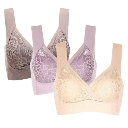 

Spdoo Women s Full Coverage Non Padded Comfort Minimizer Wire-Free Bra Plus Size Lace Lingerie 3 Pack